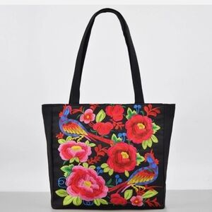 Embroidered Floral Tote Bag - Black with Multicolor Design